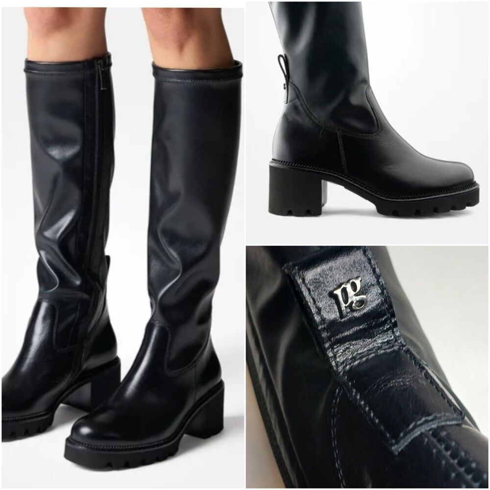 Paul Green US Sz 8 Evette Knee High Boots Black Leather Lug Sole Chunky NEW $559